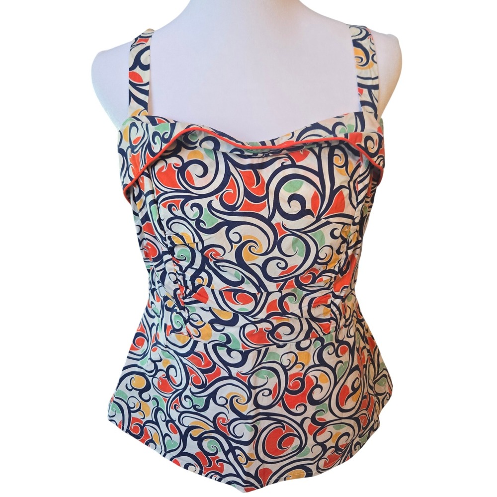 Cabi Women‎ Multicolor Scroll Print Cotton Peplum Tank Top Smocked Back Size 8